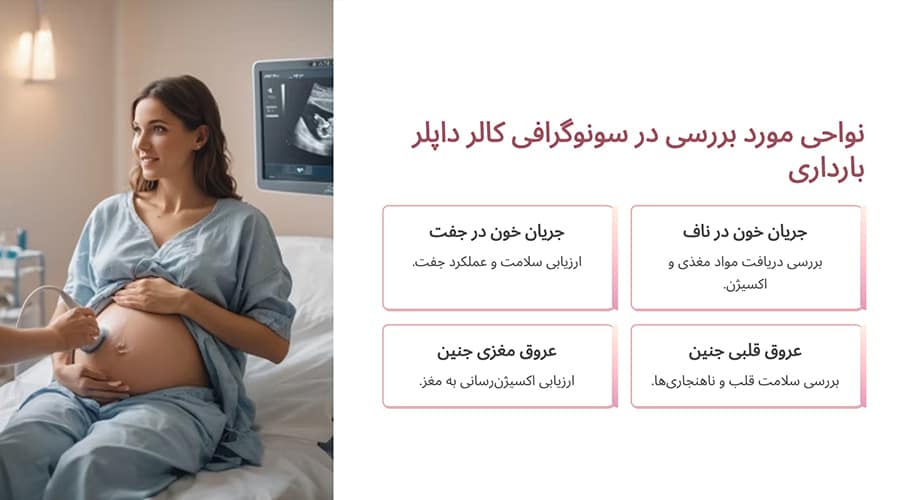 کدام نواحی در سونوگرافی بارداری کالر داپلر بررسی می‌شوند؟